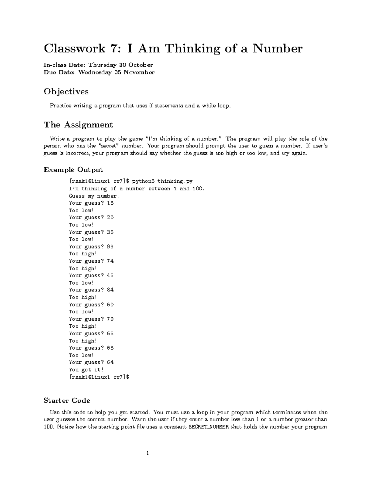 Classwork 7: Number Guessing Game Program (CS101) - Studocu