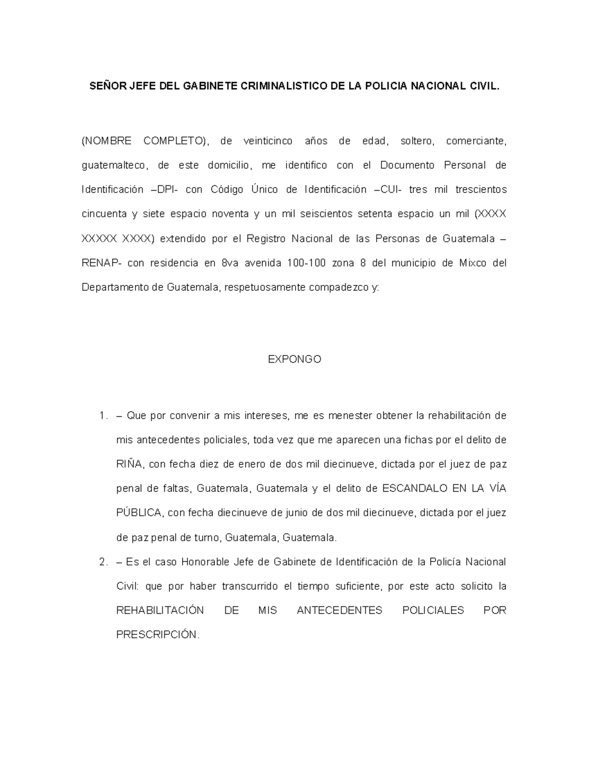 Solicitud de Rehabilitación de Antecedentes Policiales - Guatemala - Document Preview