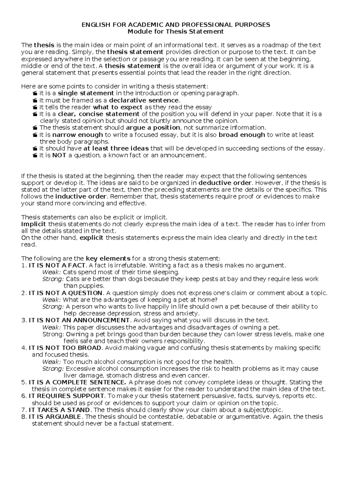 EAPP - Guide to Crafting an Effective Thesis Statement - Studocu