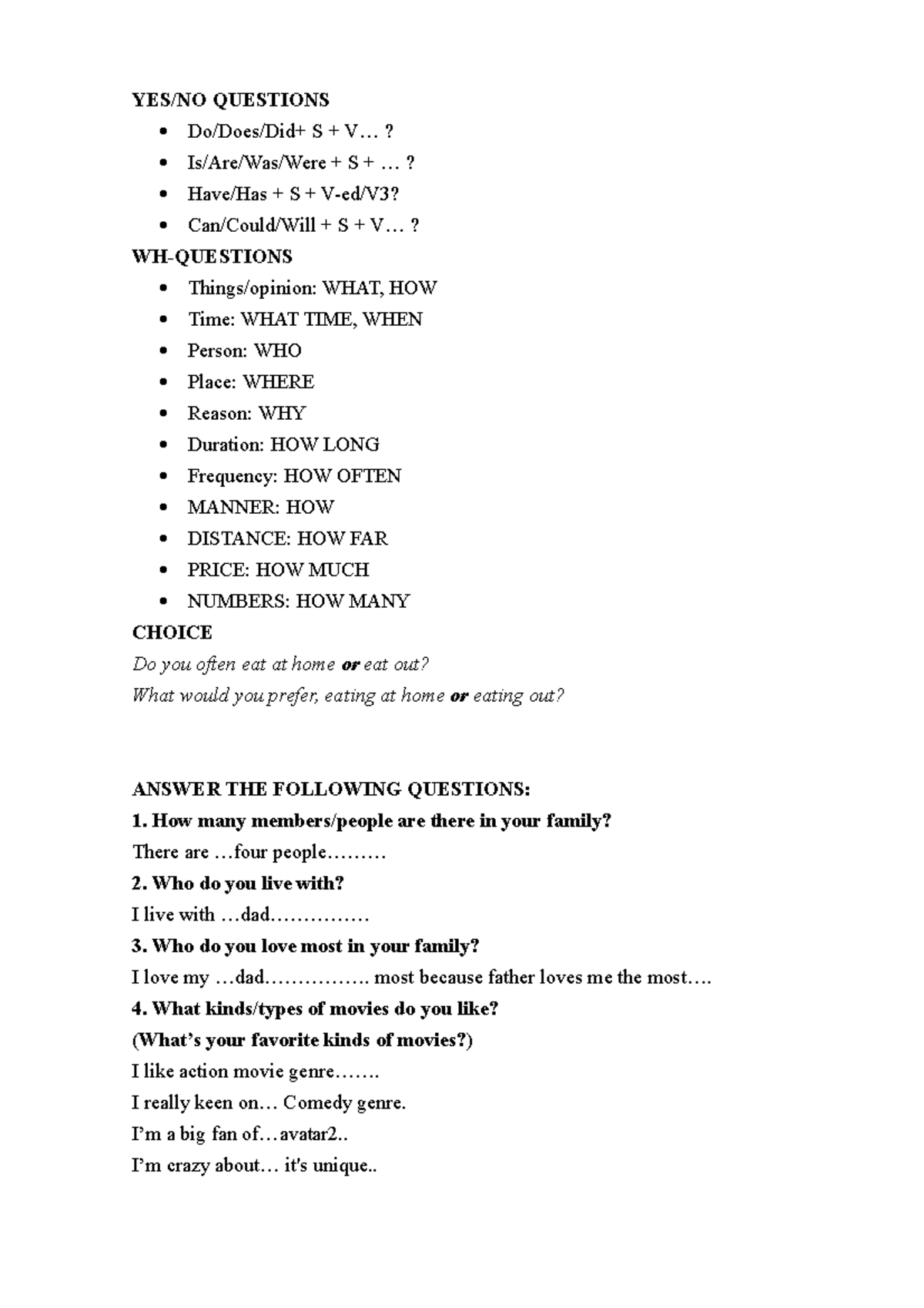 Speaking Level 1 Questions for ESL Practice - Studocu