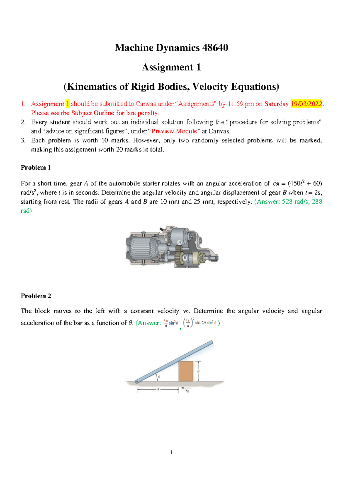 48640 Machine Dynamics Assignment 1: Kinematics & Velocity Equations ...