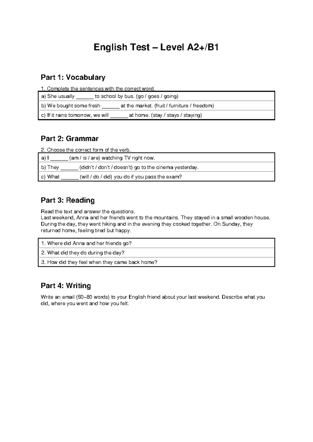 English Test A2 B1: Vocabulary, Grammar, Reading & Writing - Studocu