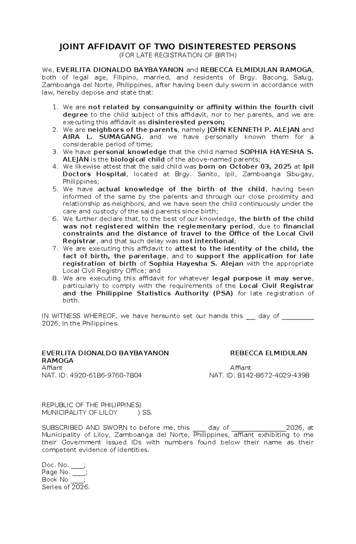 Joint Affidavit of Two Disinterested Persons for Late Birth ...
