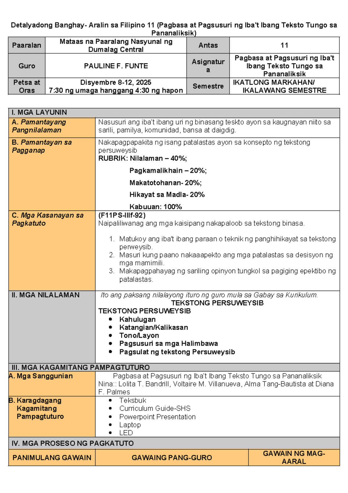 Filipino 11 Lesson Plan: Pagsusuri ng Tekstong Persuweysib - Studocu