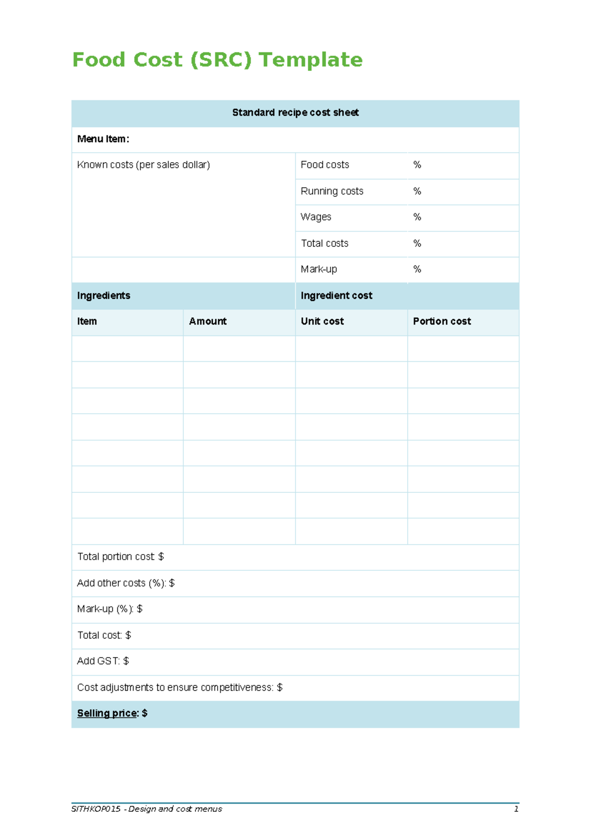 SITHKOP 015 Food Cost Template for Menu Design and Costing - Studocu
