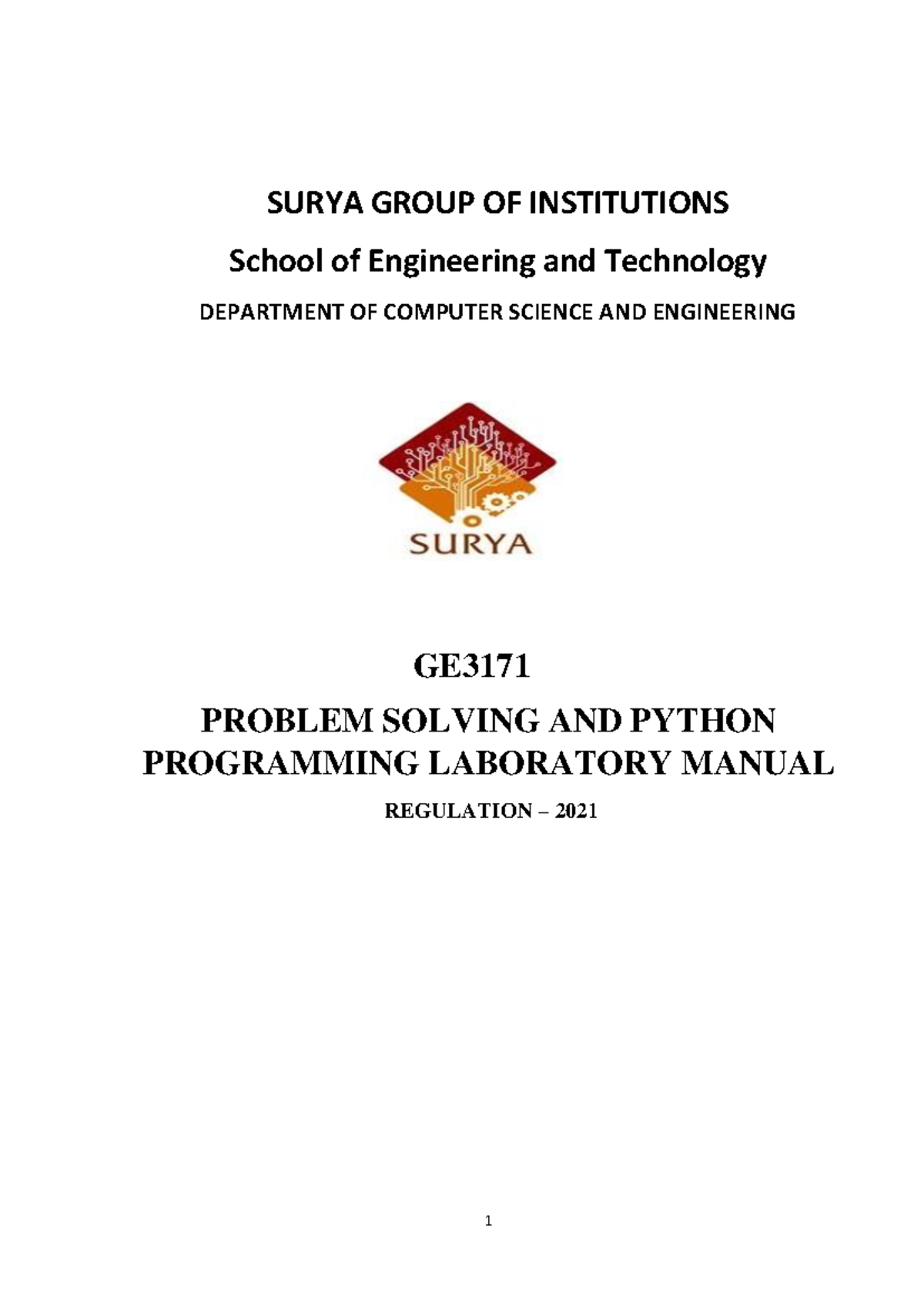 GE3171 Problem Solving and Python Programming Lab Manual R-2021 - Studocu