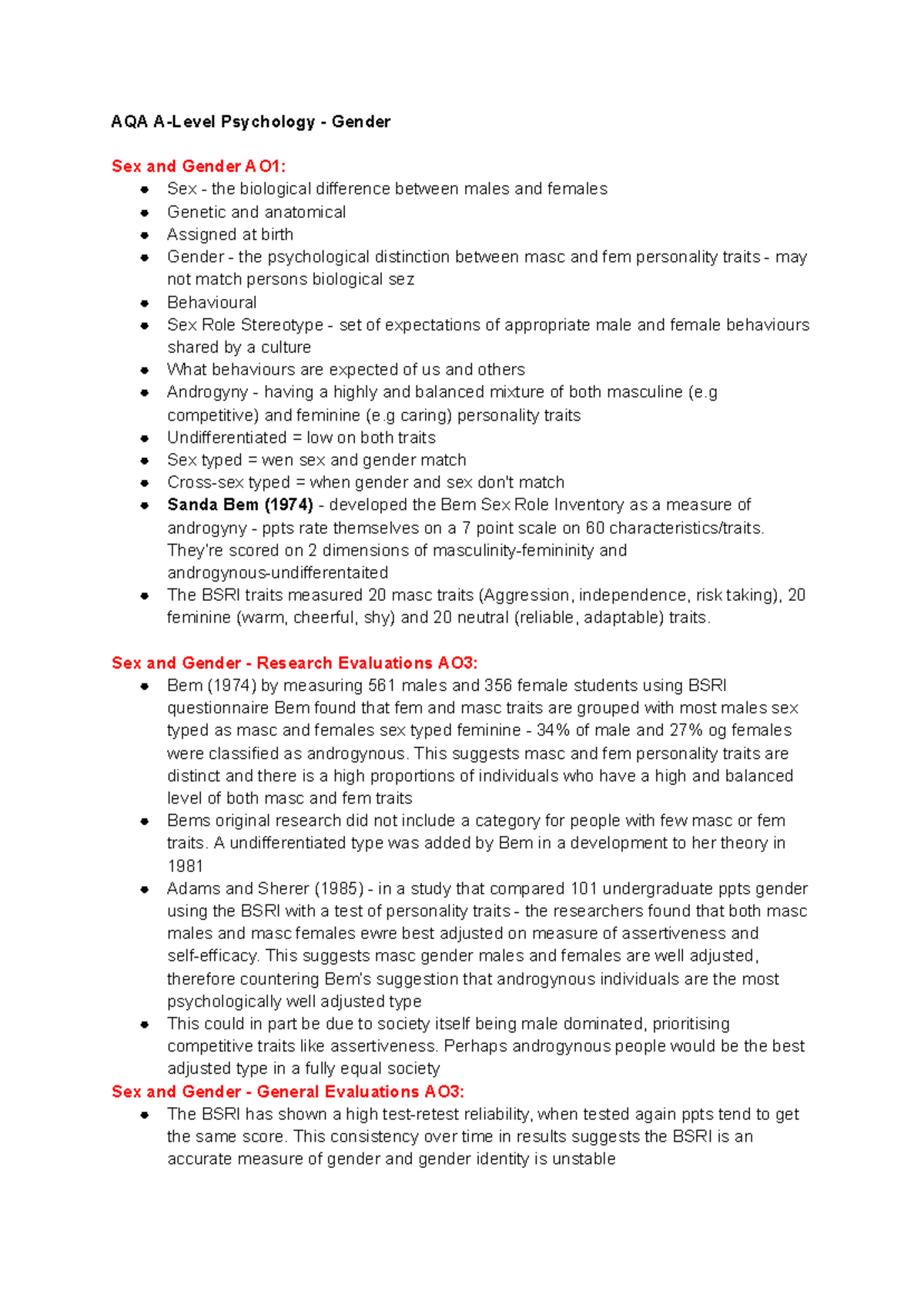 AQA A-Level Psychology - Sex and Gender Concepts & Evaluations - Studocu