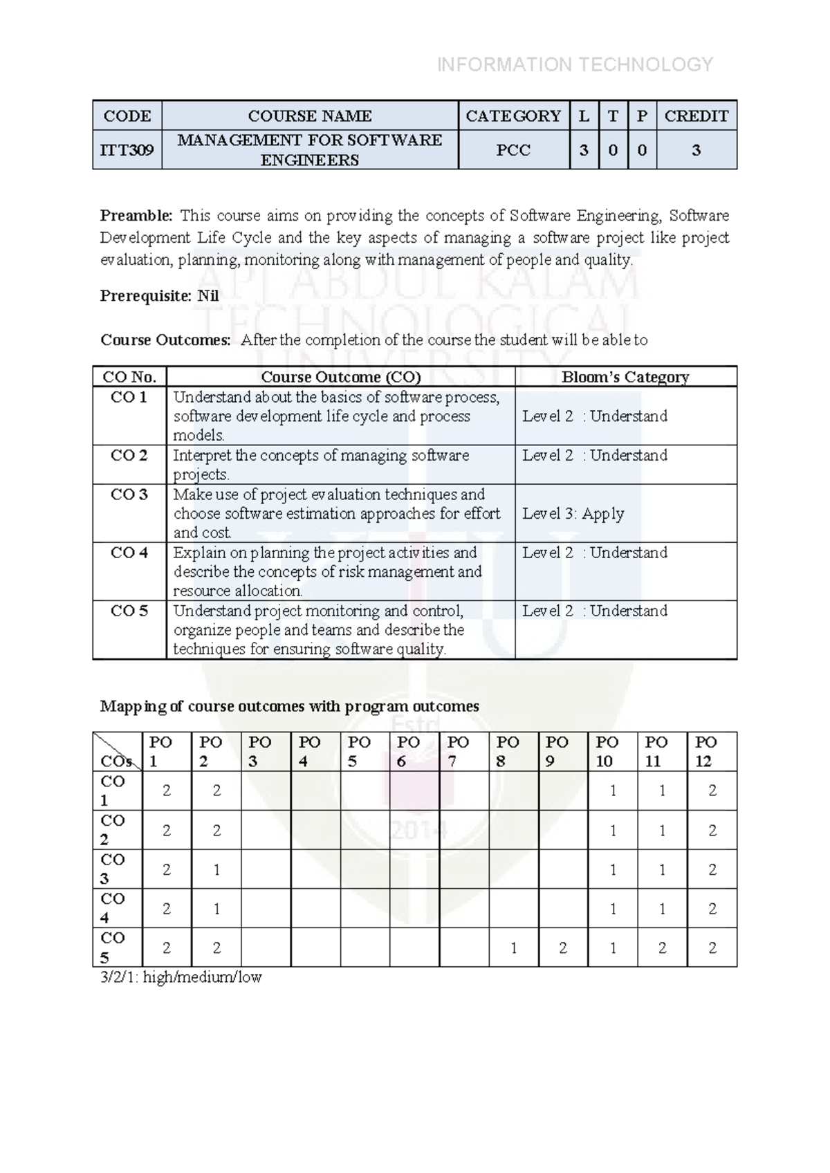 ITT309 - Management for Software Engineers: Course Overview and QBank ...