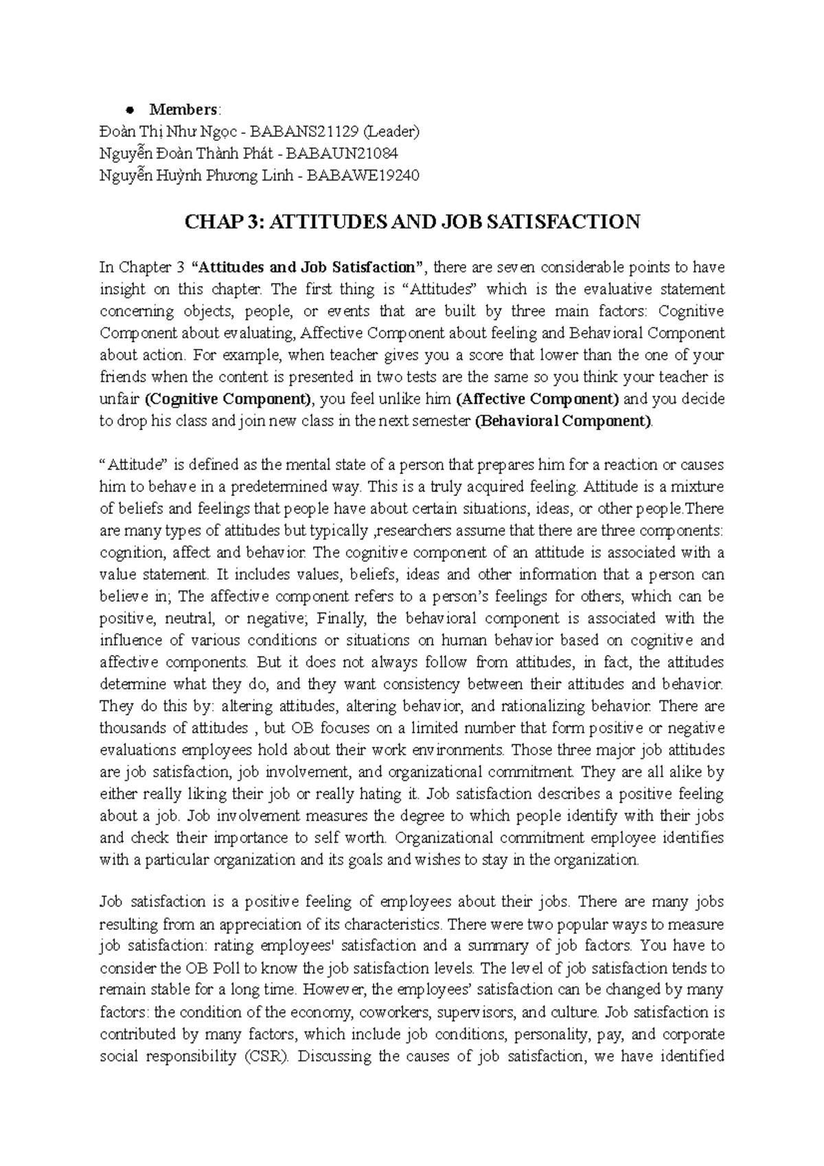 Group 4 - Summary of Chapter 3: Attitudes & Job Satisfaction - Studocu