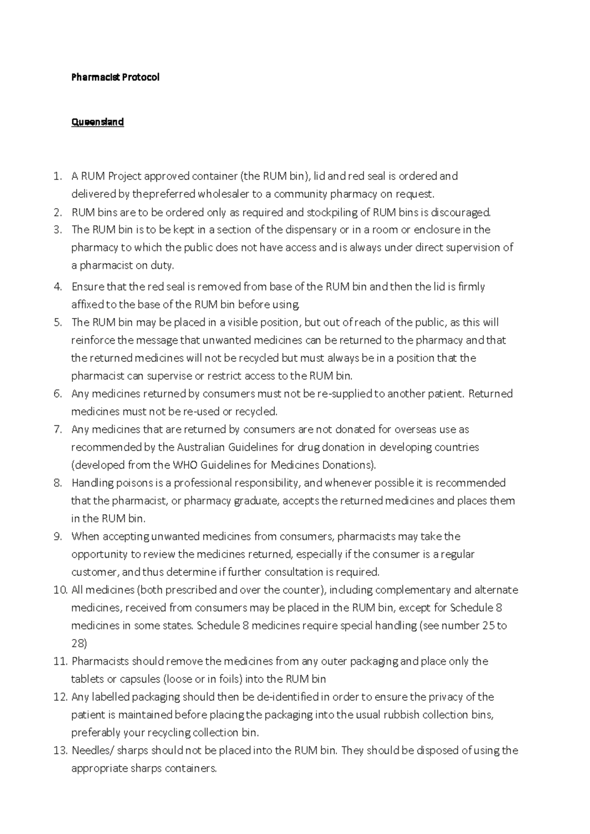 Pharmacist Protocols for RUM Bin Management in QLD 2021 - Studocu