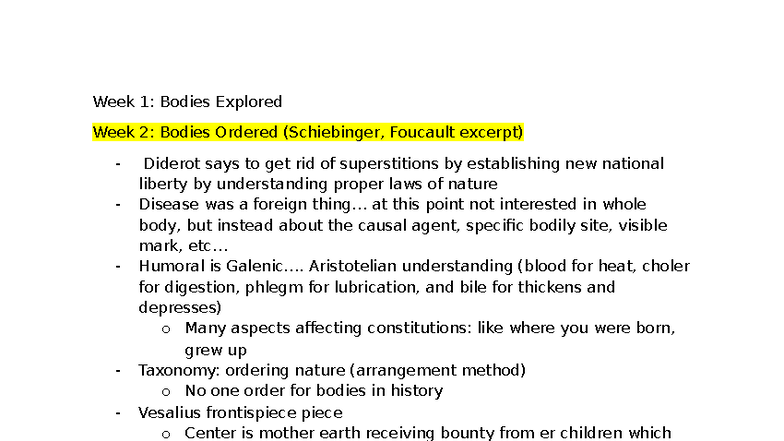 Bodies Explored and Analyzed: Weeks 1-10 Overview - Studocu