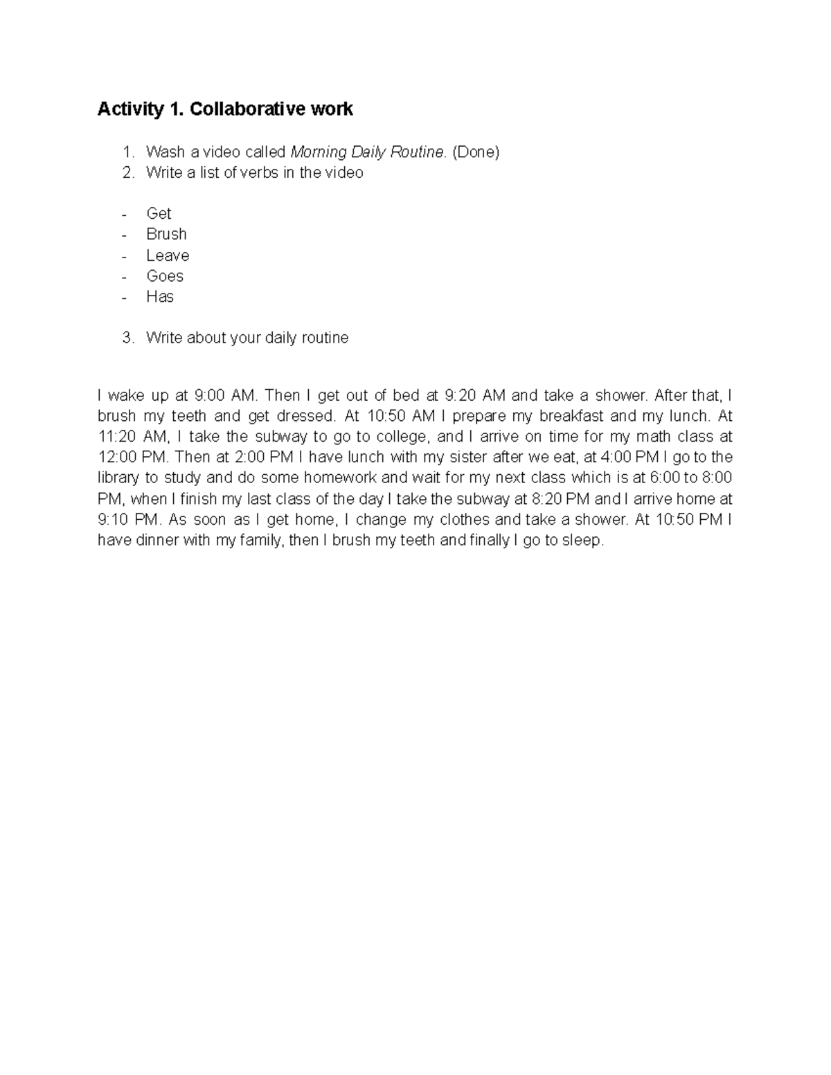 Activity 1 - Daily Routine Verbs & Descriptions (ENG) - Studocu