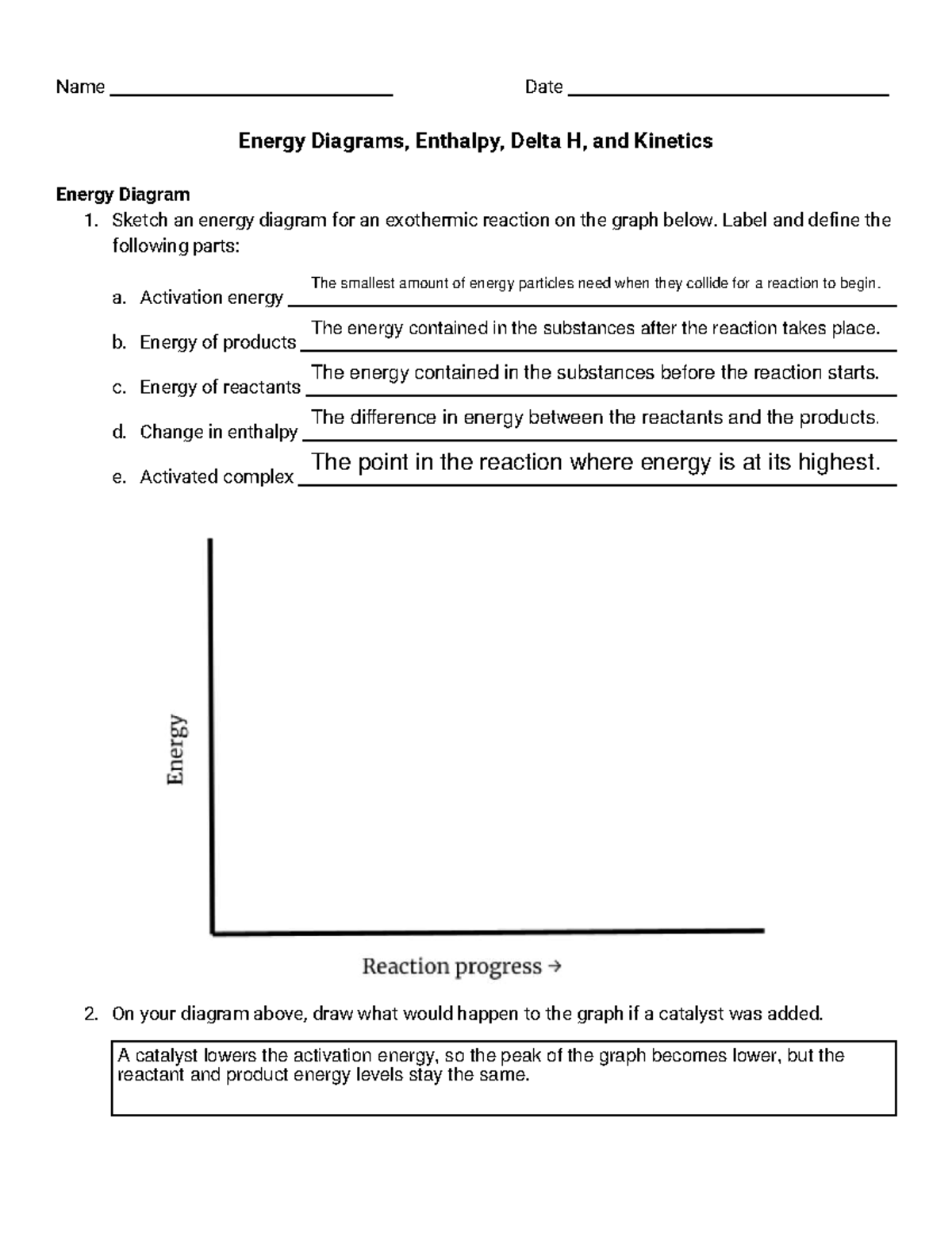 Energy Diagrams, Enthalpy, ΔH, and Kinetics Practice Problems - Studocu