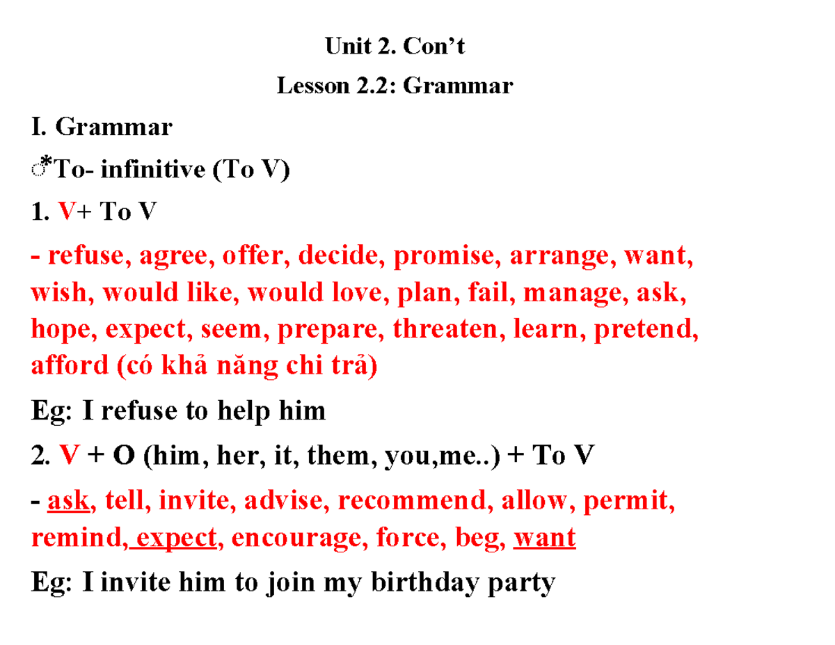 Unit 2. Lesson 2.2: Grammar I - Infinitive Usage Guide - Studocu