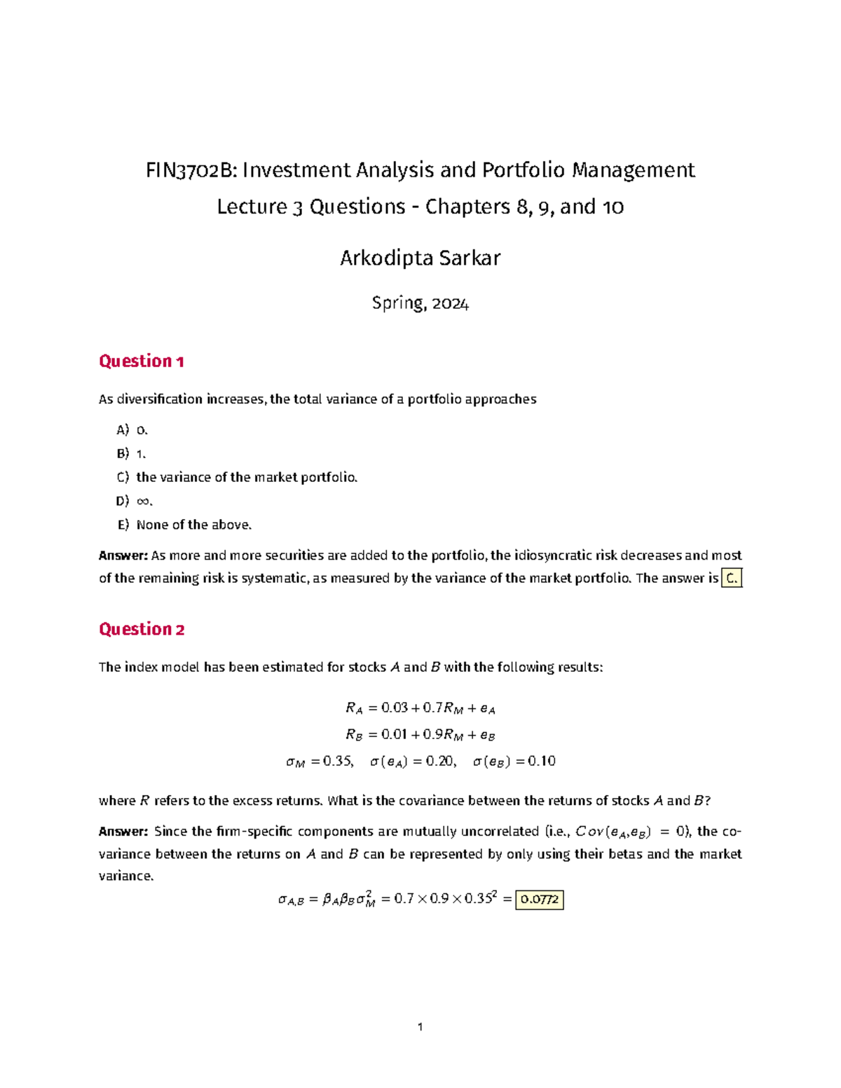 Lecture 3 Q&A on Investment Analysis - FIN3702B (Spring 2024) - Studocu