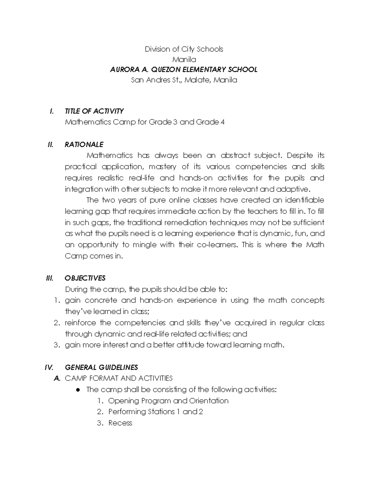 Math Camp Guidelines for Grades 3 and 4 - Manila Schools - Studocu
