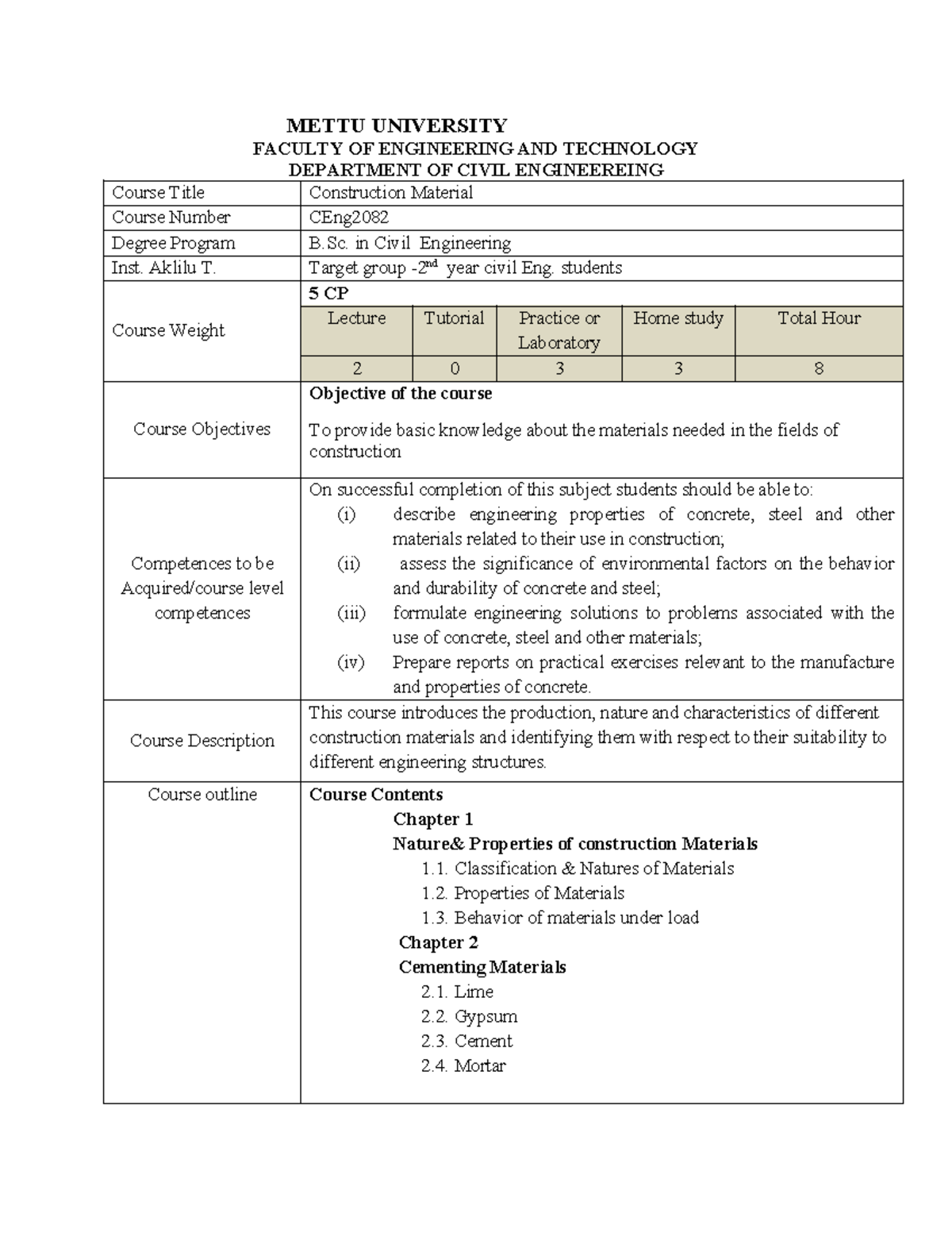 CEng 2nd Year Construction Materials Course Overview and Objectives ...