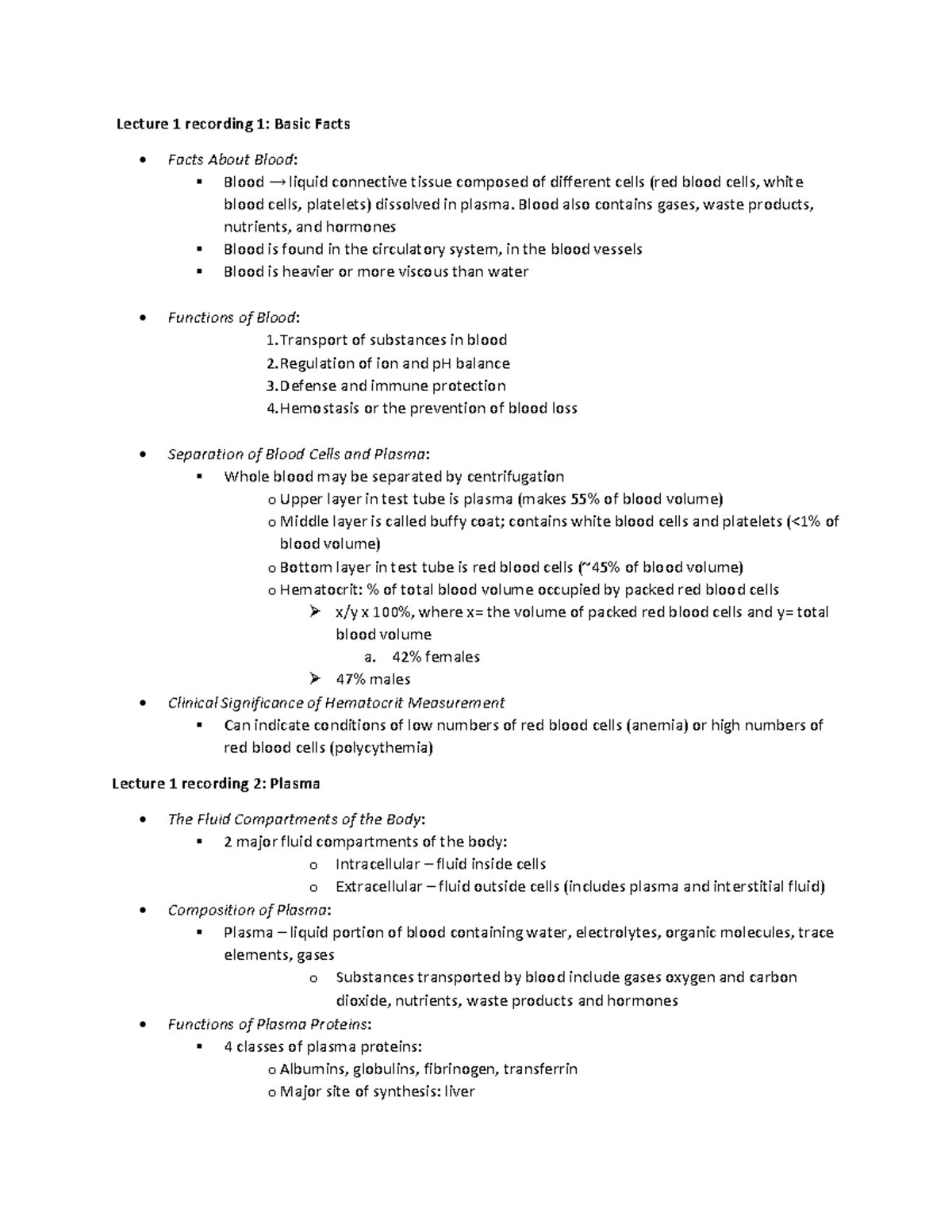 Blood Physiology Study Notes: Lecture Recordings Overview - Studocu