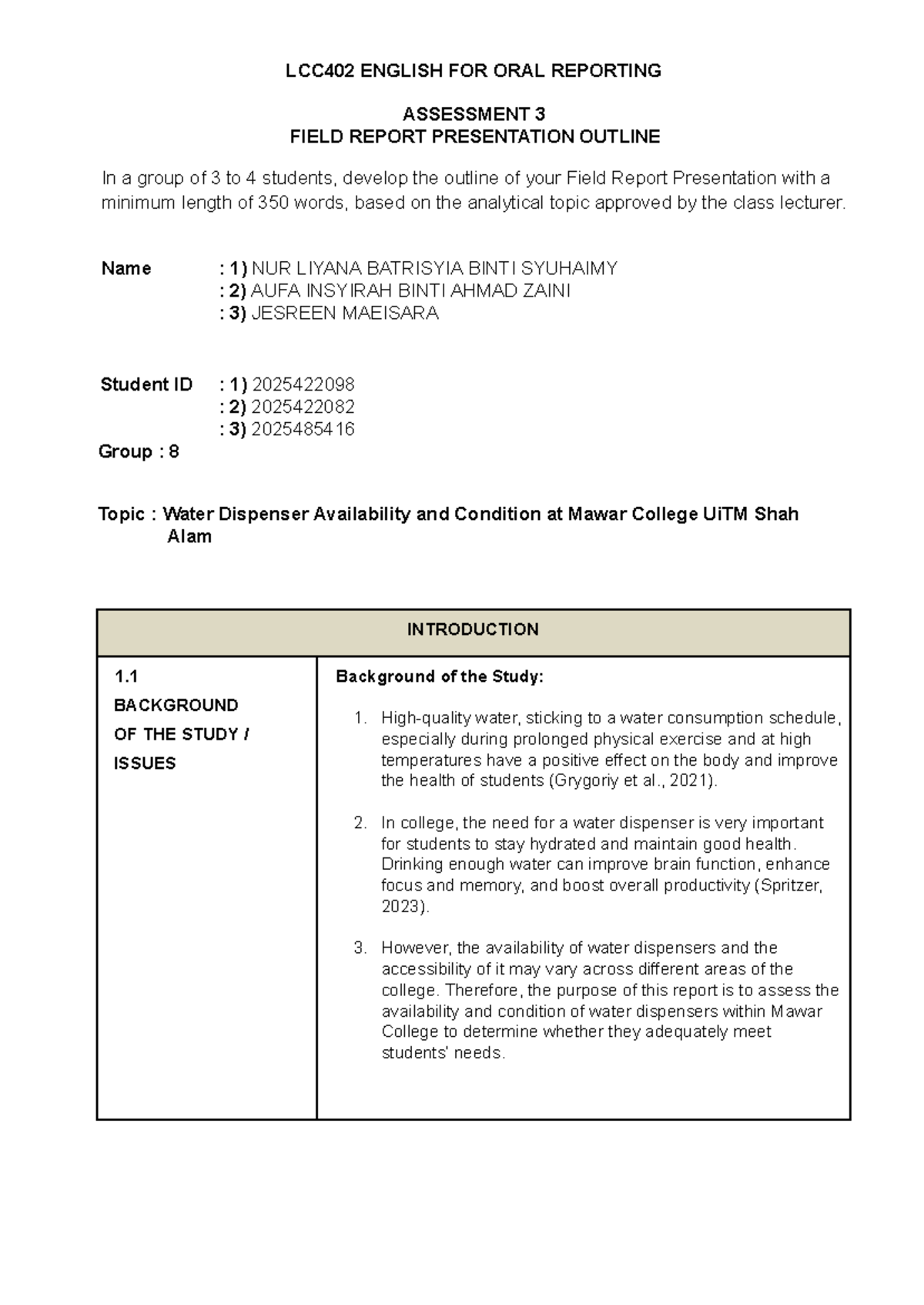 LCC402 Field Report Presentation Outline: Water Dispenser Assessment ...