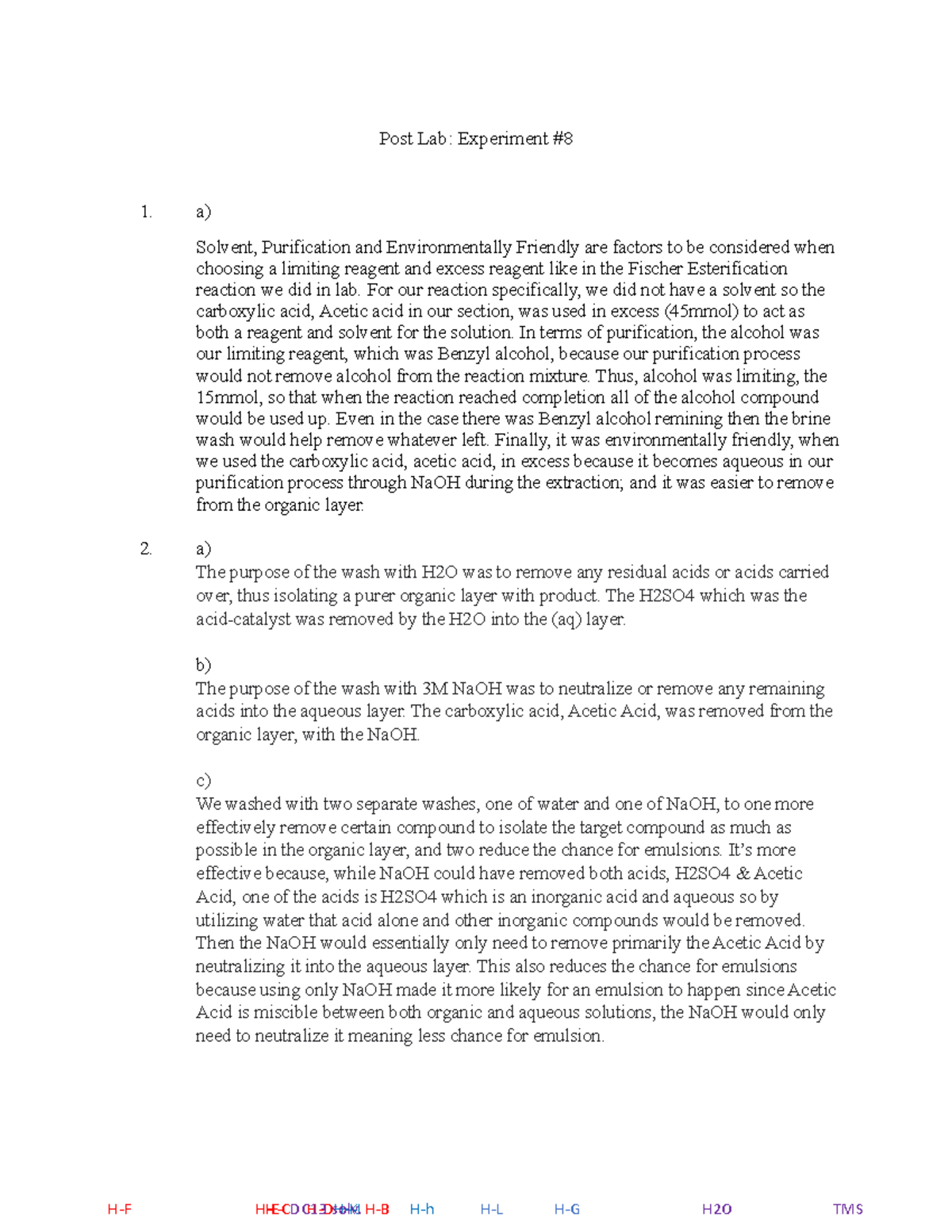 Experiment 8 Post Lab Report v2 - Post Lab: Experiment 1. a) Solvent ...