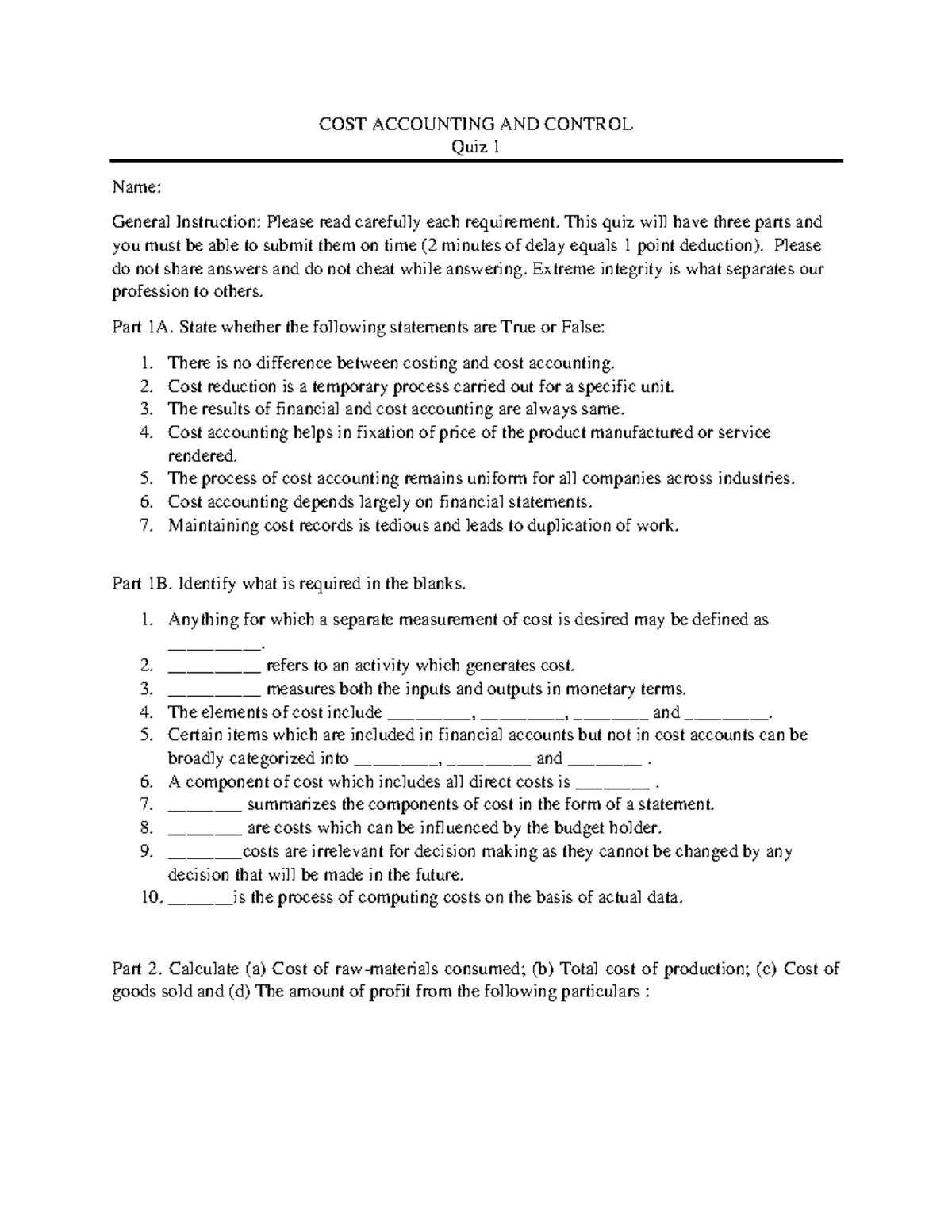 Quiz 1: Cost Accounting Concepts and Challenges Analysis - Studocu