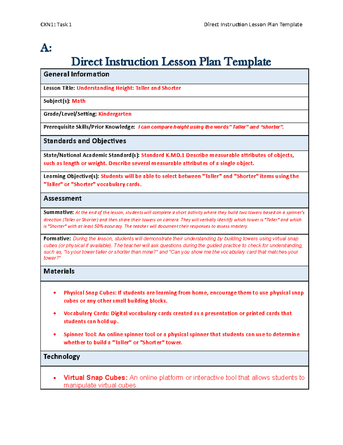 Math Lesson plan Task 2 - passed first time - A: Direct Instruction ...