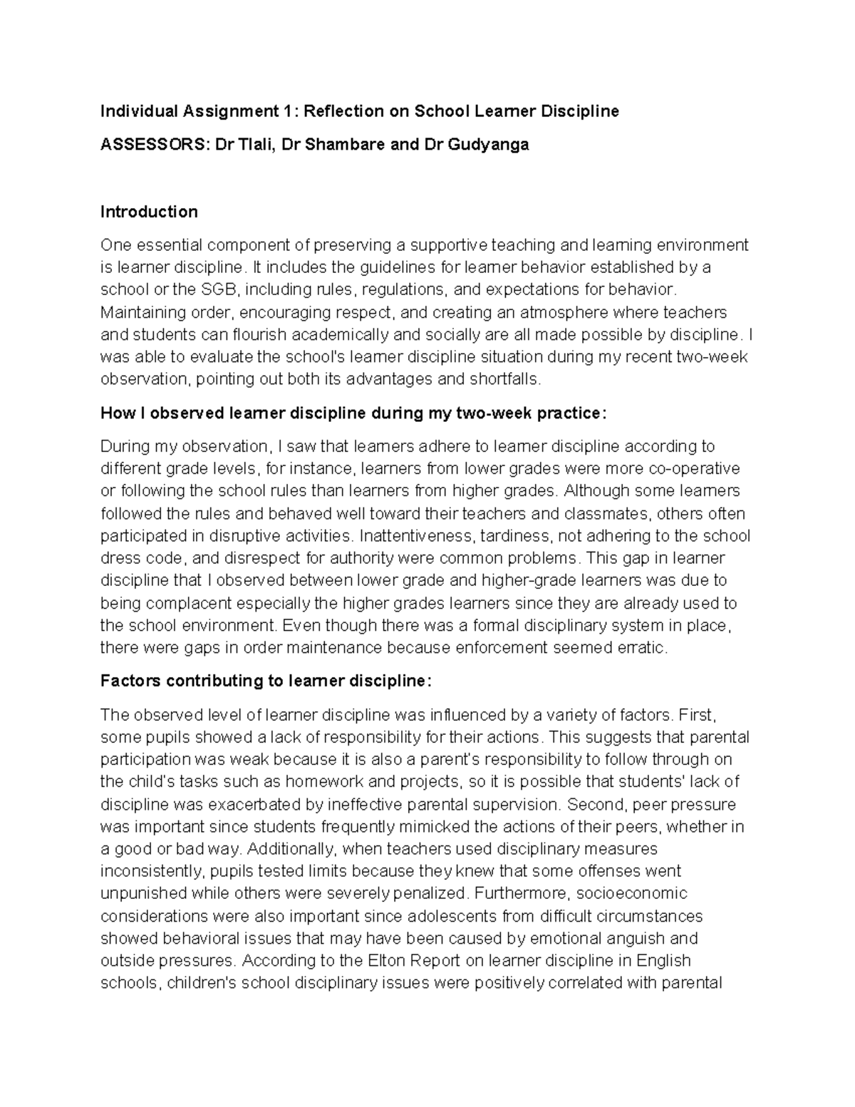 TPRV2502 Individual Assignment 1: Reflection on Learner Discipline ...