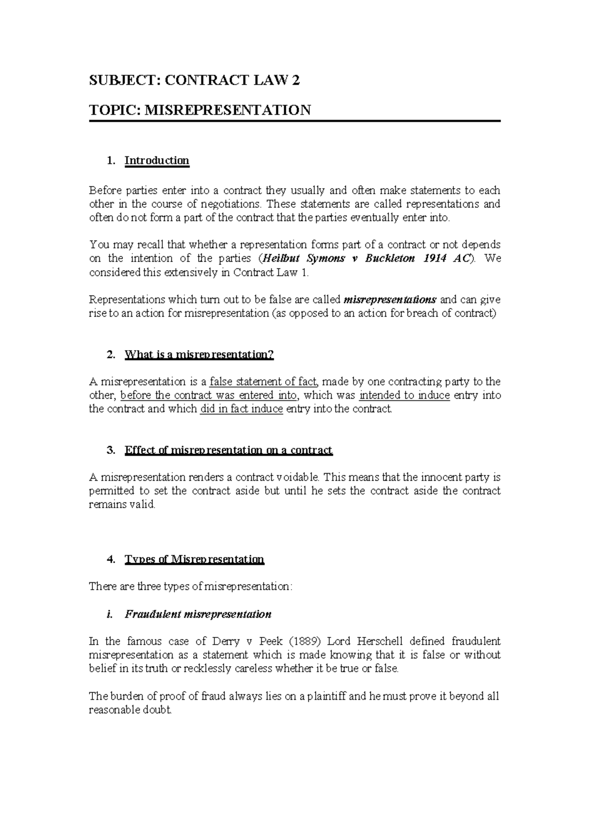 Contract II Misrepresentation - SUBJECT: CONTRACT LAW 2 TOPIC ...