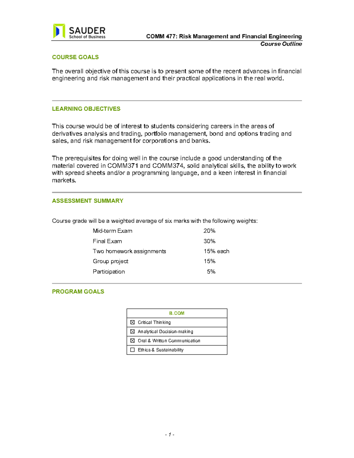 COMM477 Course Outline: Financial Engineering & Risk Management - Studocu