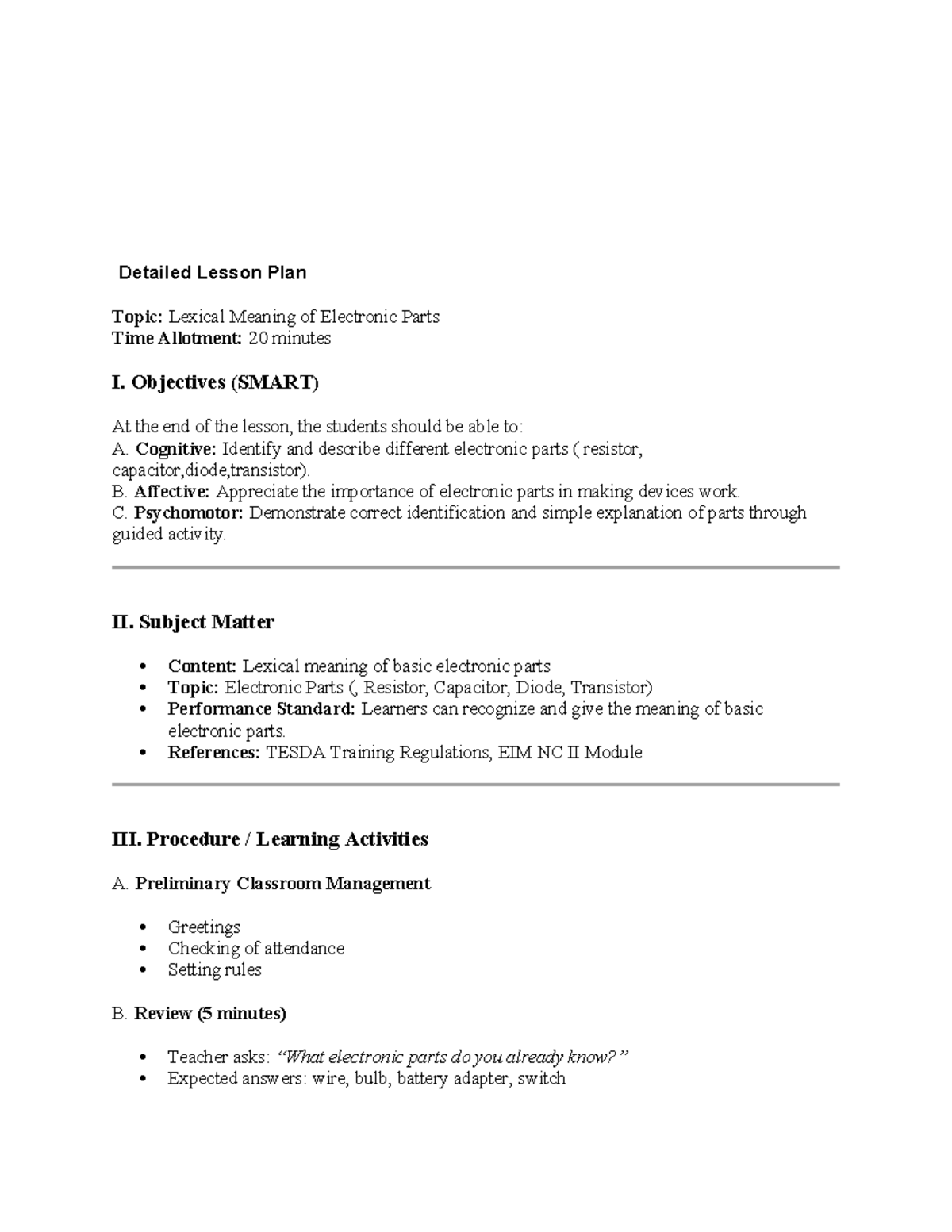 Detailed Lesson Plan - BSIT: Lexical Meaning of Electronic Parts - Studocu