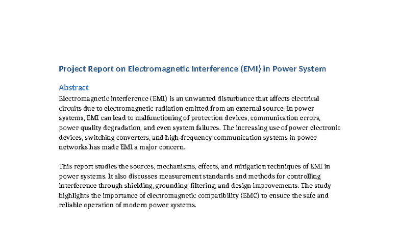 Project Report: Electromagnetic Interference (EMI) in Power Systems ...
