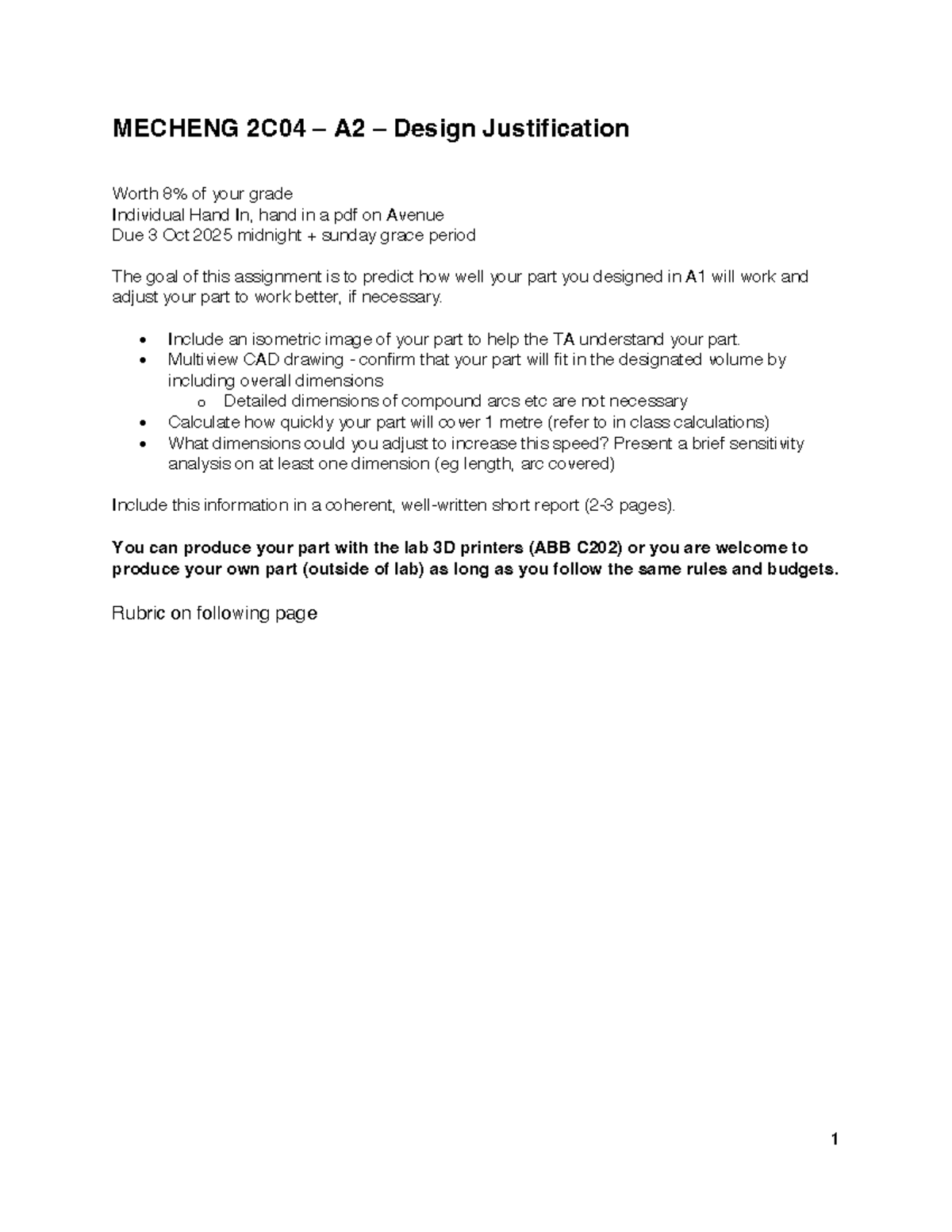 MECHENG 2C04 A2 Design Justification & Sensitivity Analysis 2025 - Studocu