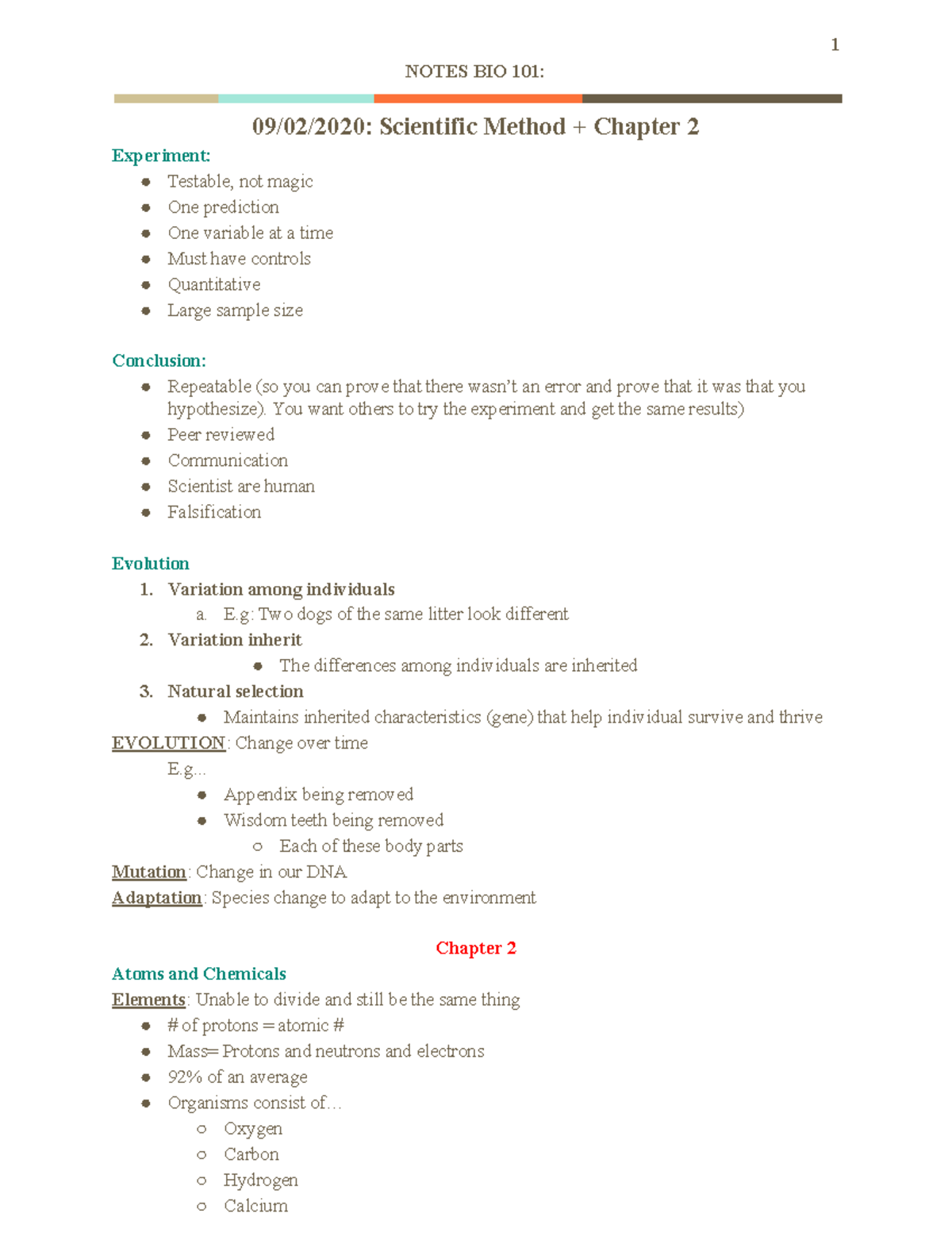 Notes BIO 101 pg 1 - First day of class - 1 NOTES BIO 101: 09/02/2020 ...