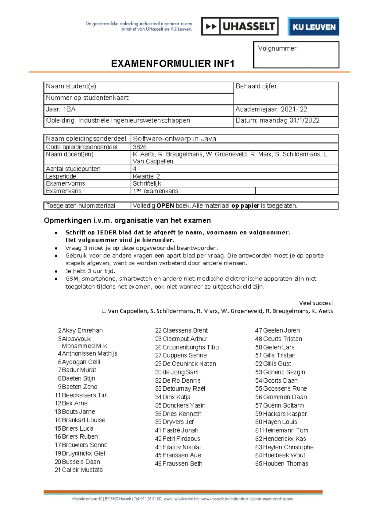 Examenformulier INF1 - Industriële Ingenieurswetenschappen 1BA - Studocu