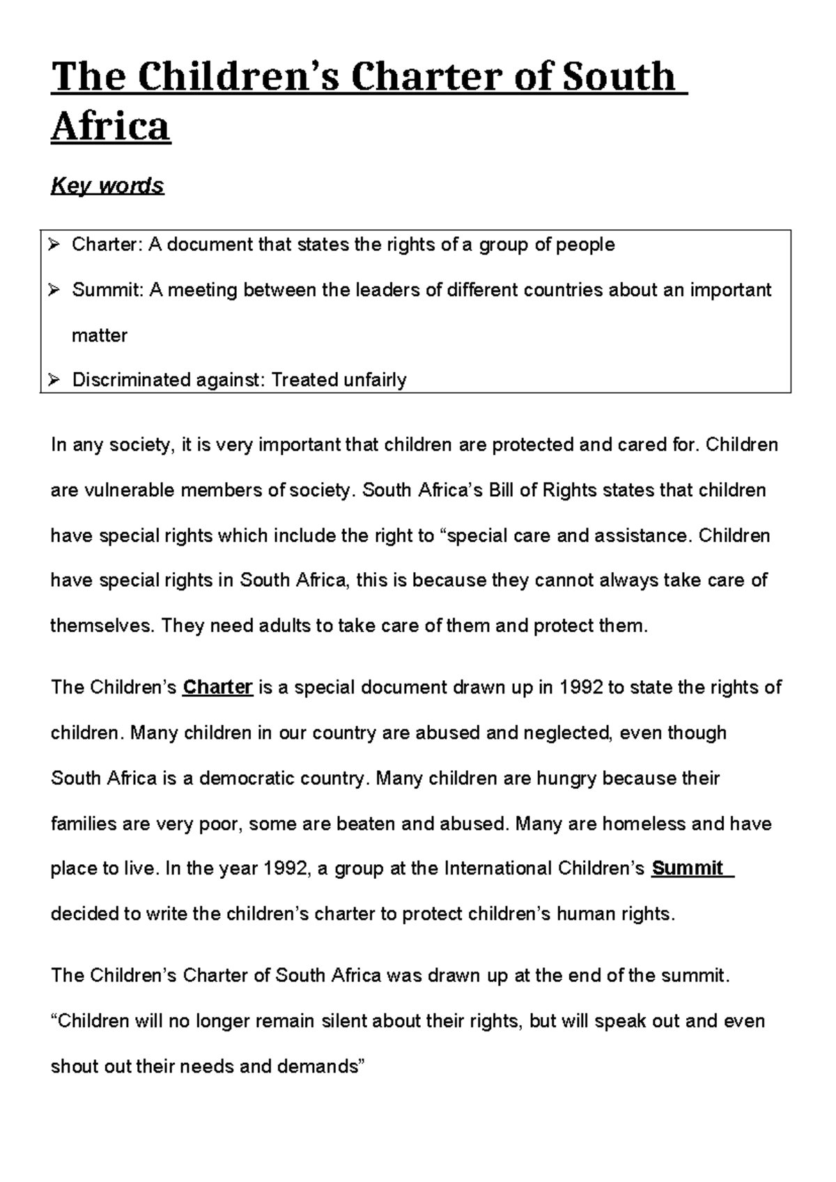 Children's Charter Notes - Understanding Rights in South Africa - Studocu
