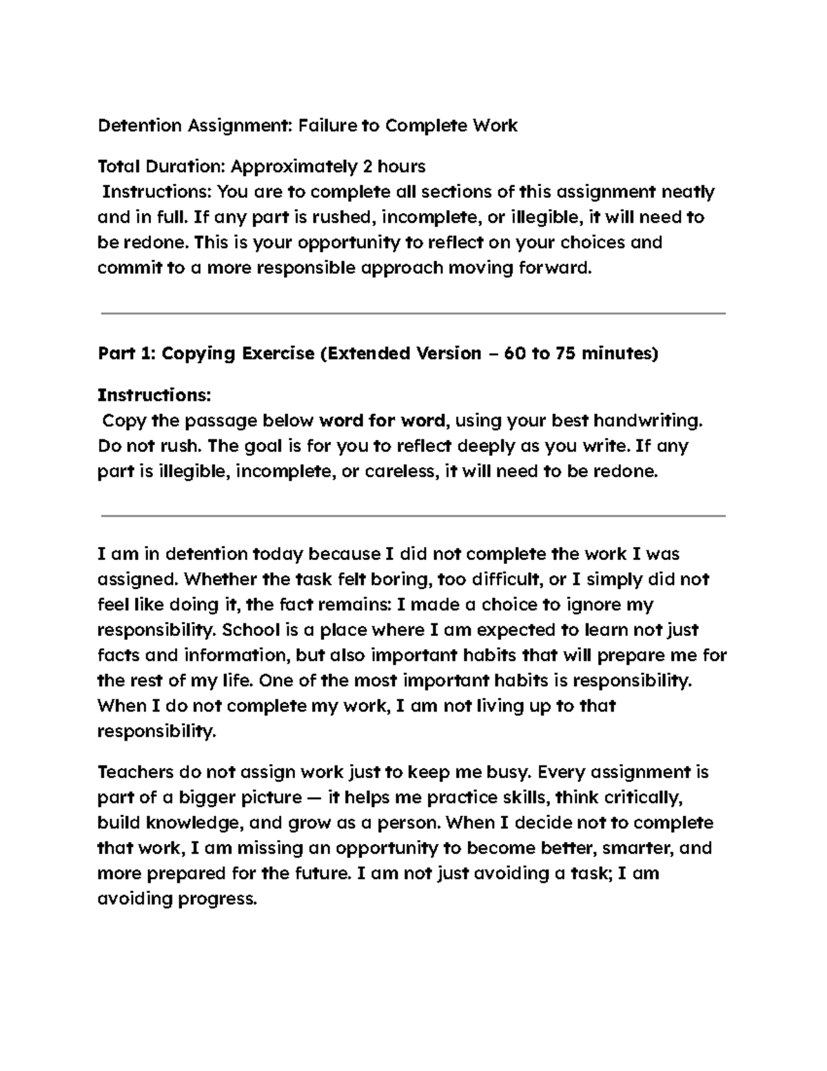 Detention Assignment: Reflecting on Responsibility and Work Completion ...