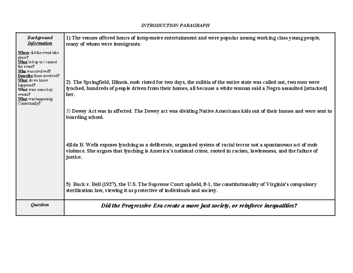 History Essay Outline: Examining Inequalities of the Progressive Era ...
