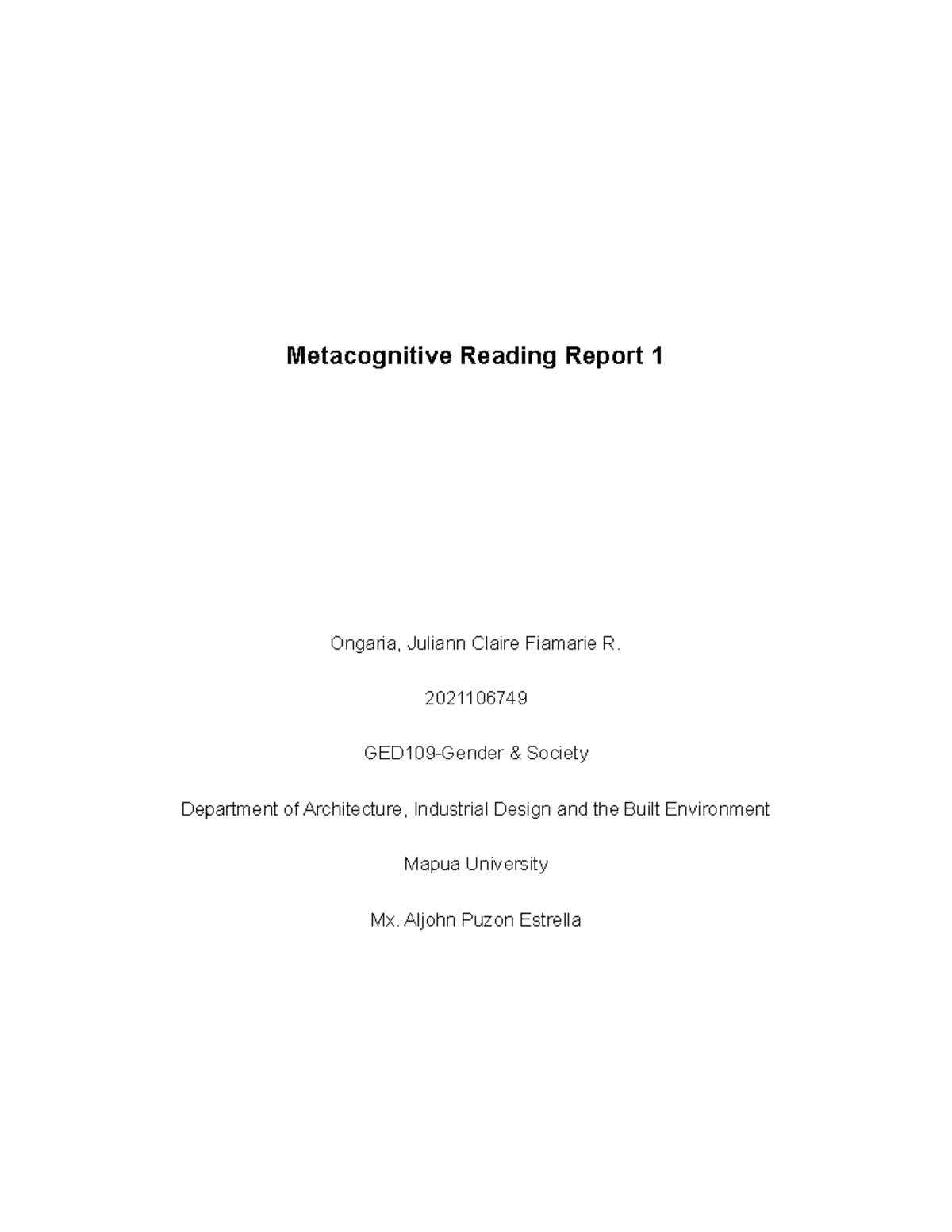 GED109 Metacognitive Reading Report: Insights on Gender & Society - Studocu