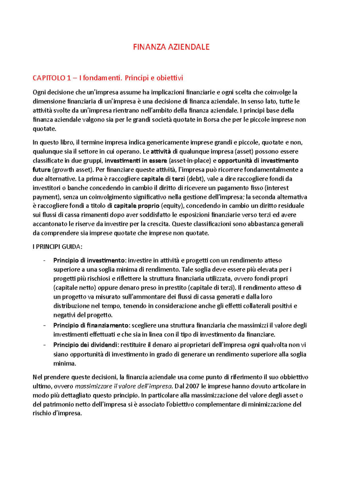 Capitolo 1: Fondamenti della Finanza Aziendale e Principi Chiave - Studocu