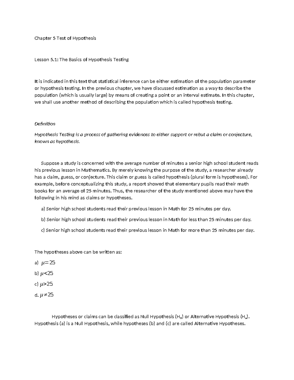 Chapter 5: Basic Hypothesis Testing - Lesson 5.1 Overview - Studocu