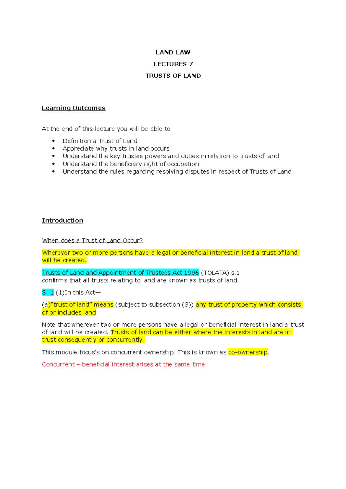 L8 Trusts of Land - Lecture Notes and Key Concepts Summary - Studocu