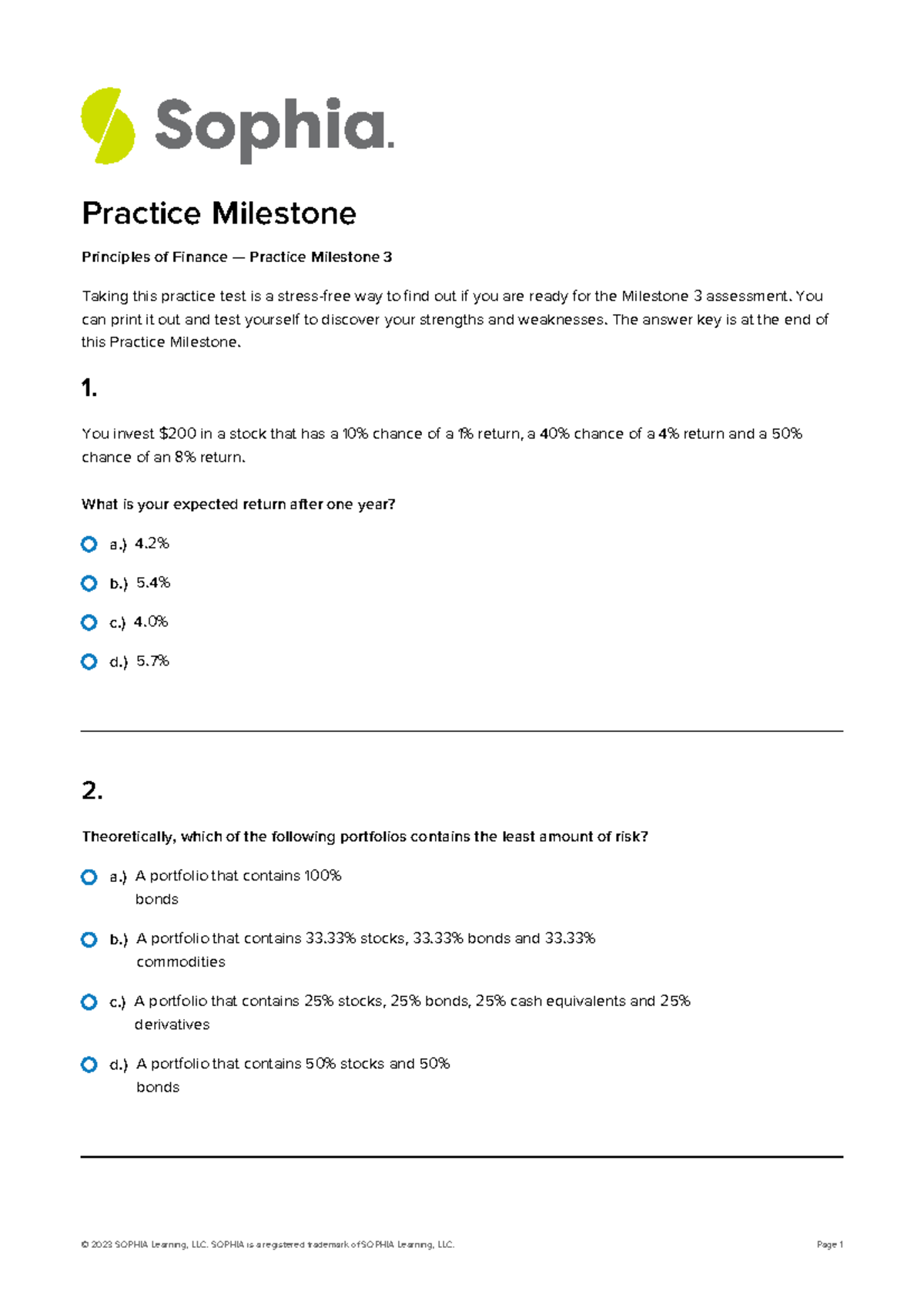 Finance 100 Practice Milestone Test for Sophia Learning course on ...
