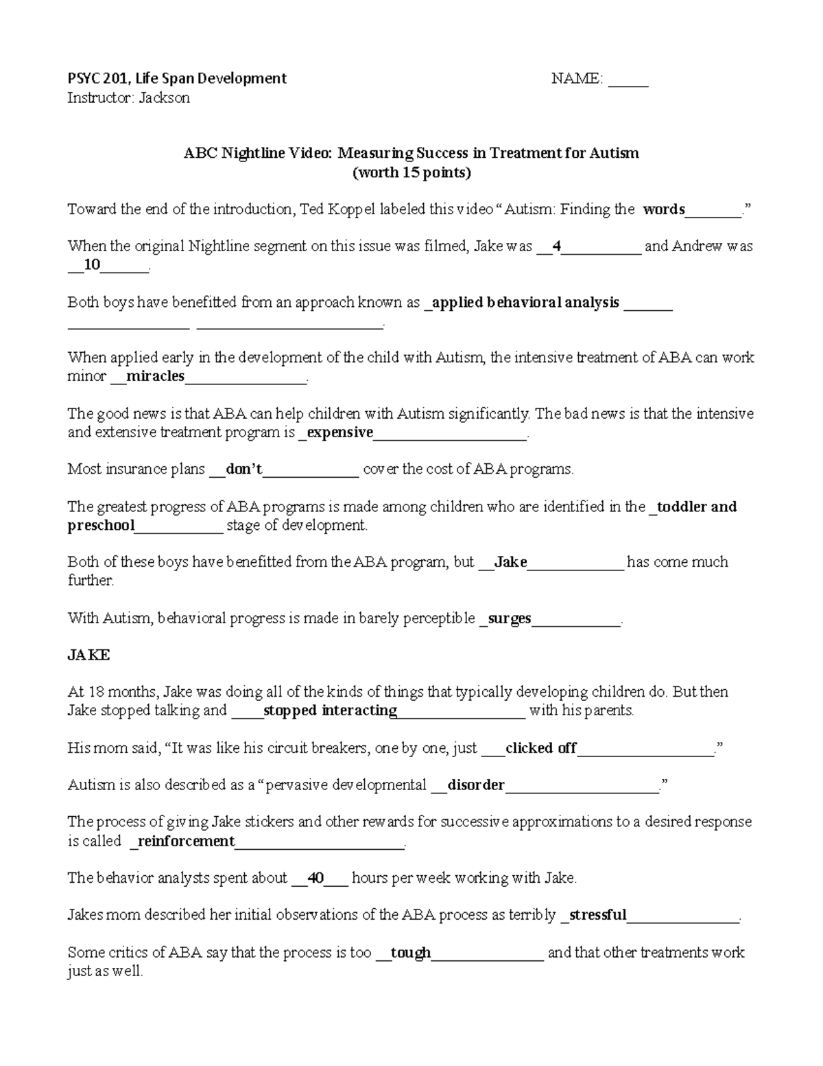 Ch6-Activity Worksheet lifespan development - PSYC 201, Life Span ...