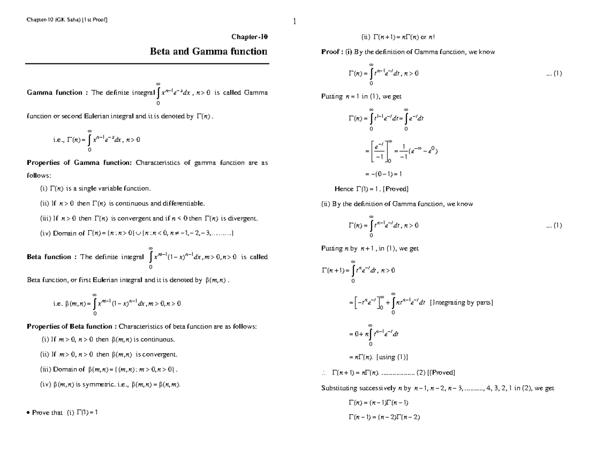 Gamma & Beta Function Proofs and Properties (GK Saha) - Studocu