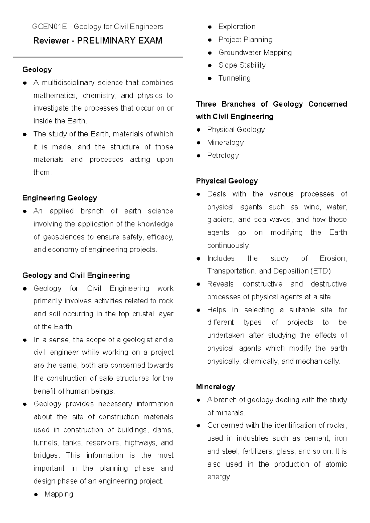 GCEN01E Geology for Civil Engineers Preliminary Exam Reviewer - Studocu