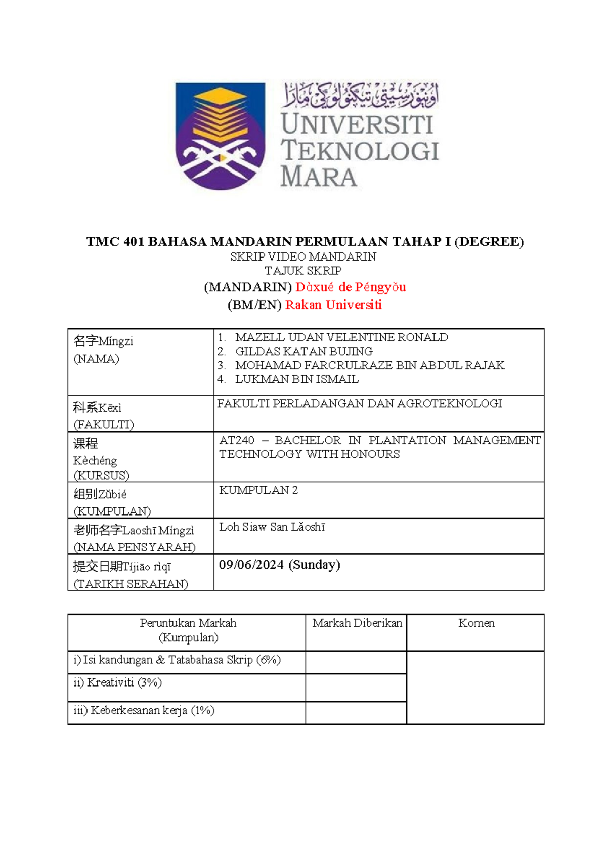 Group 2 TMC Script Latest - TMC 401 BAHASA MANDARIN PERMULAAN TAHAP I ...