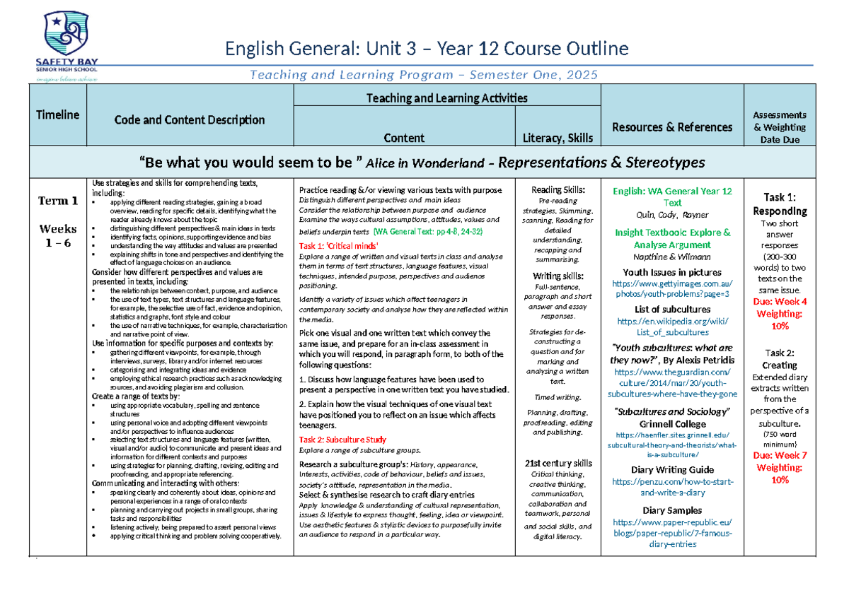 Unit 3 English Teaching & Learning Program Outline - Semester 1, 2025 ...
