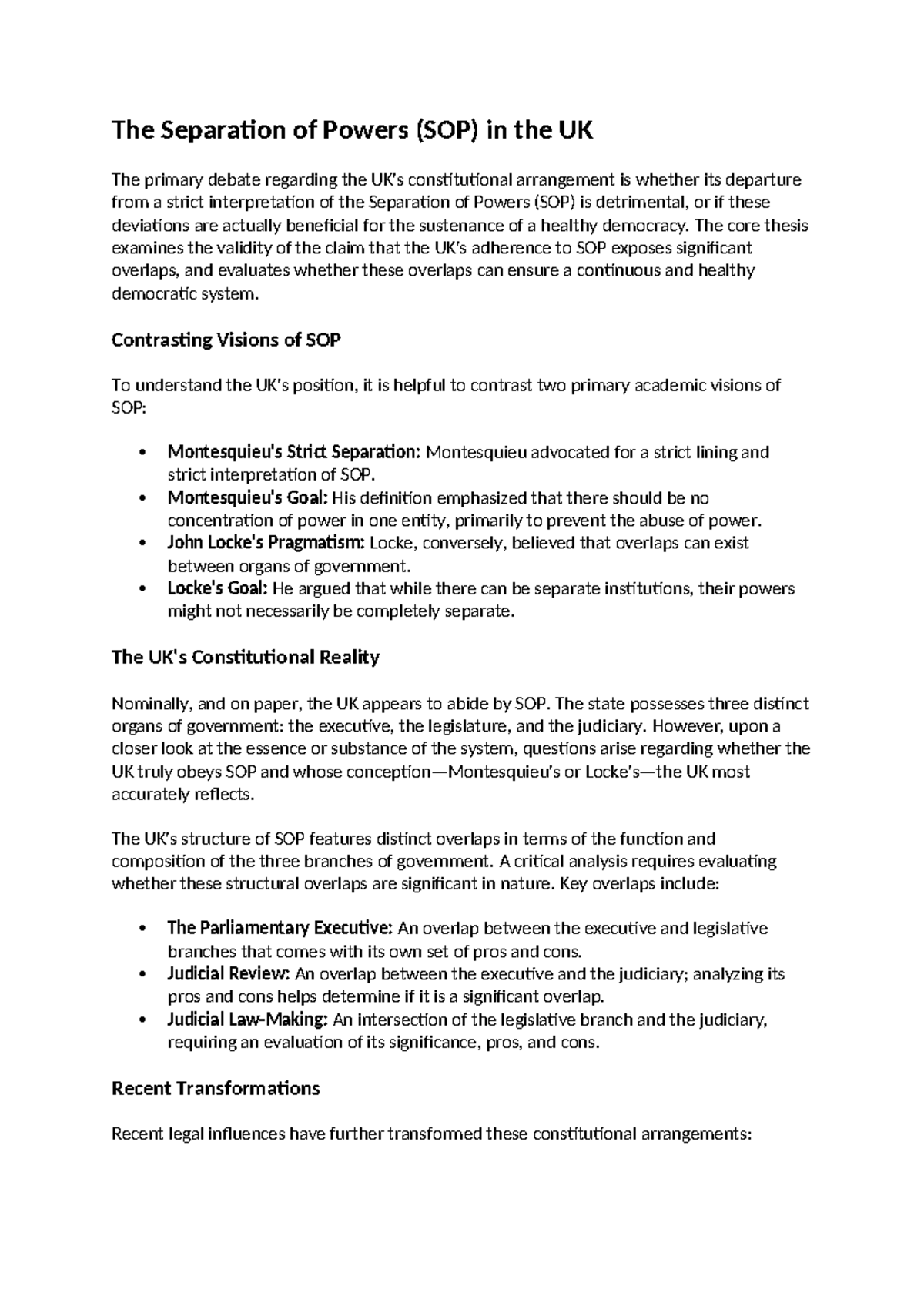 Separation of Powers (SOP) in the UK: A Critical Analysis - Studocu