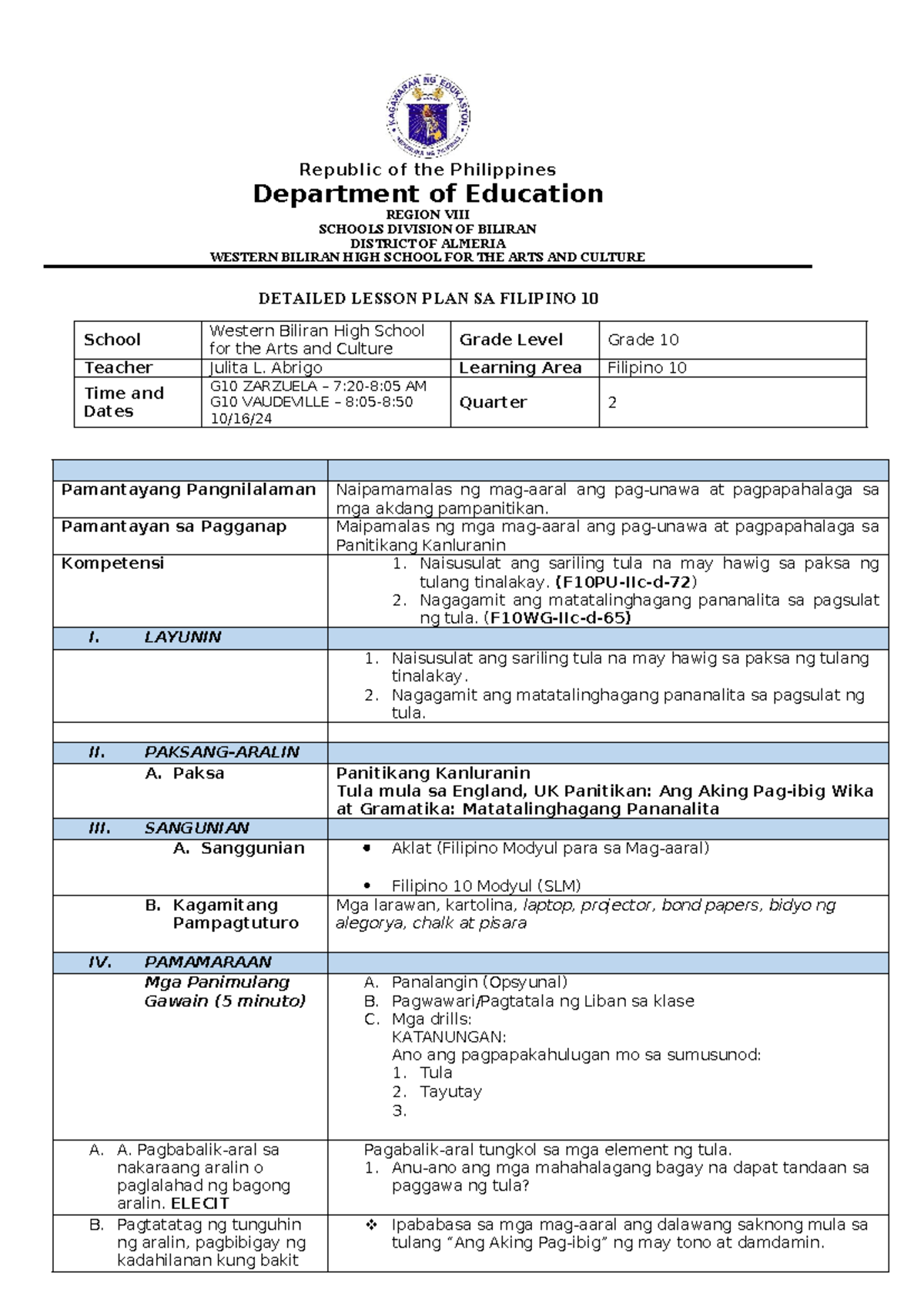 Filipino 10 Q2 Detailed Lesson Plan: Paggawa ng Tula - Studocu