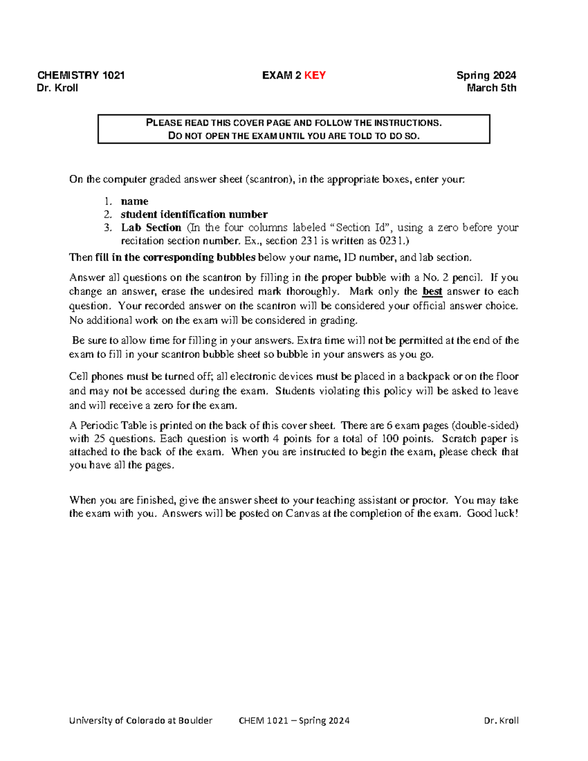 CHEM 1021 Spring 2024 Exam 2 Answer Key - Dr. Kroll - Studocu
